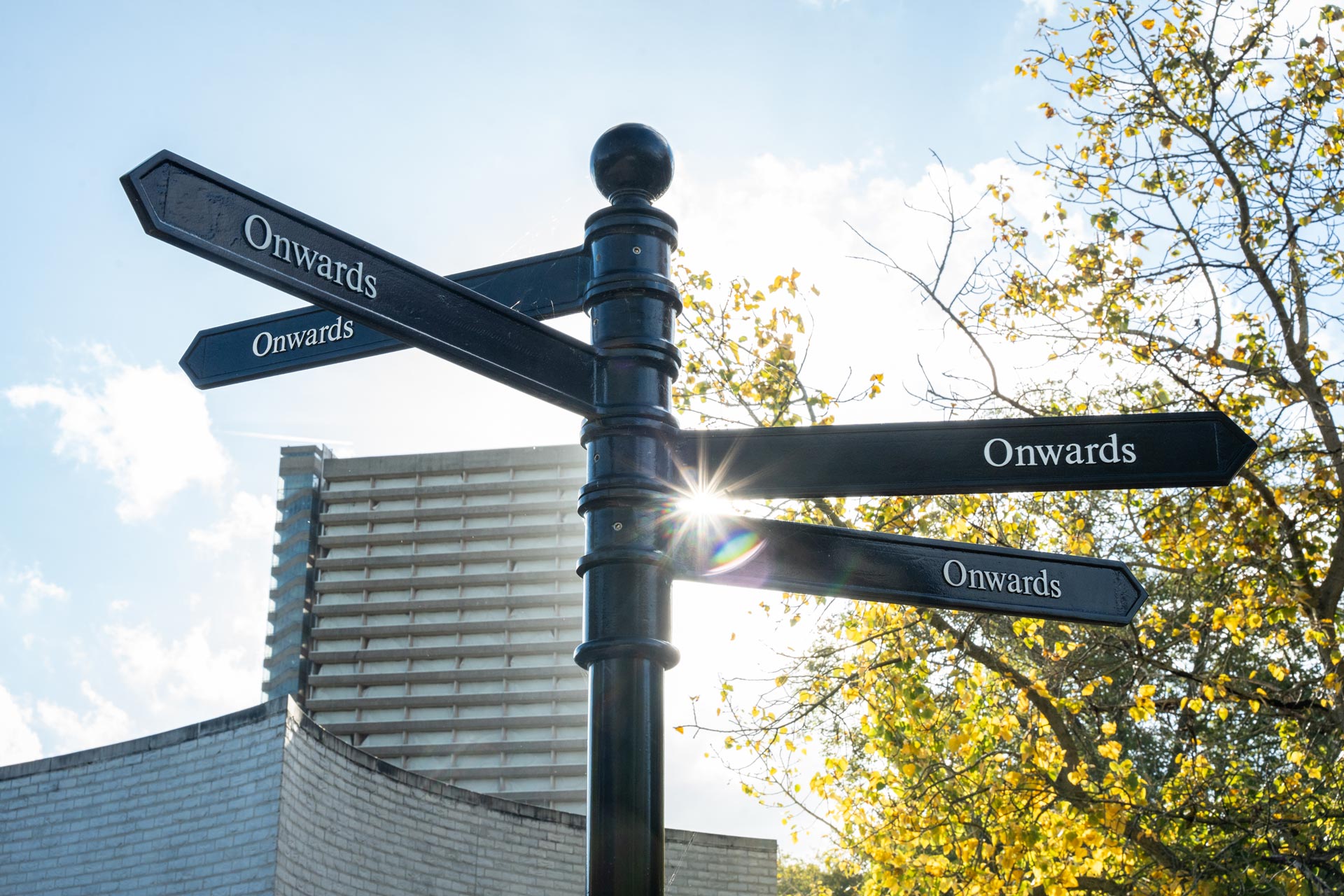 Signpost in Southwark Park with several arrows all pointing onwards, with trees and buildings in the background.